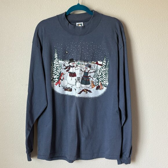 Graphic Shirt Womens Snowman Bunny Racon Long Sleeve Size XL Slate Mock Neck USA - Picture 1 of 16